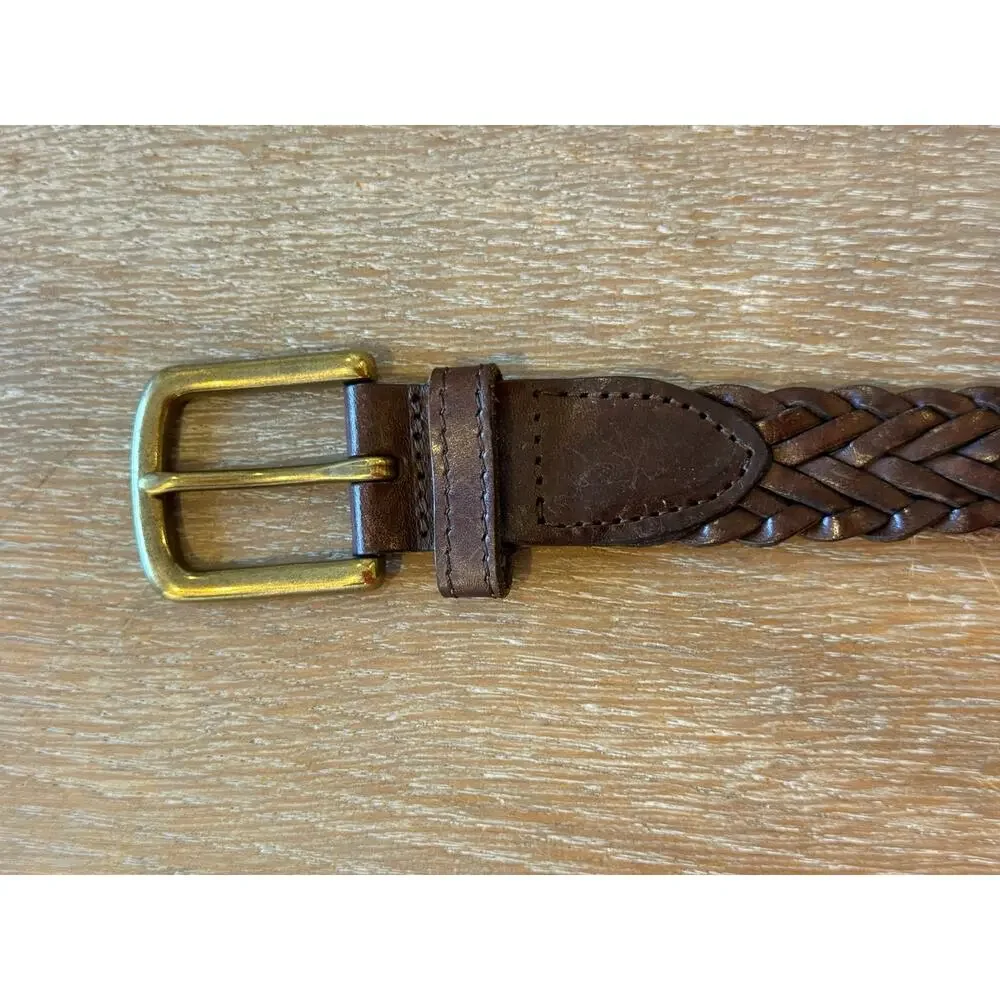 L.L. BEAN Brown Leather Braided Belt Men size 46 Brass Buckle L L Bean